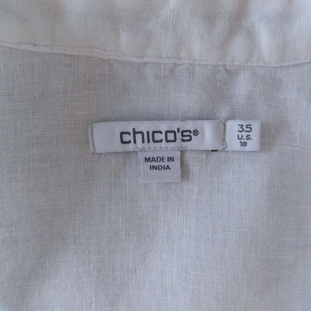 Chico's Ruffle Sleeve White 100% Linen Blouse Pom Pom Trim Women's 18 Lagenlook - Picture 4 of 7